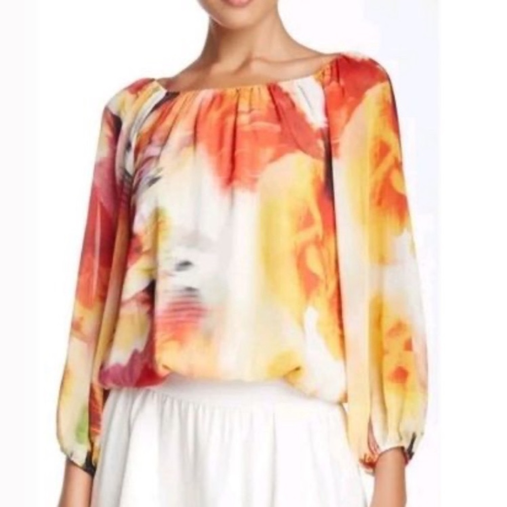 Alice + Olivia Alta Top Watercolor Peasant Floral
